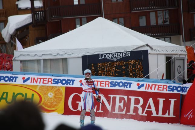 Marie Marchand-Arvier à l'arrivée du slalom, meilleur temps provisoire! (5ème au final